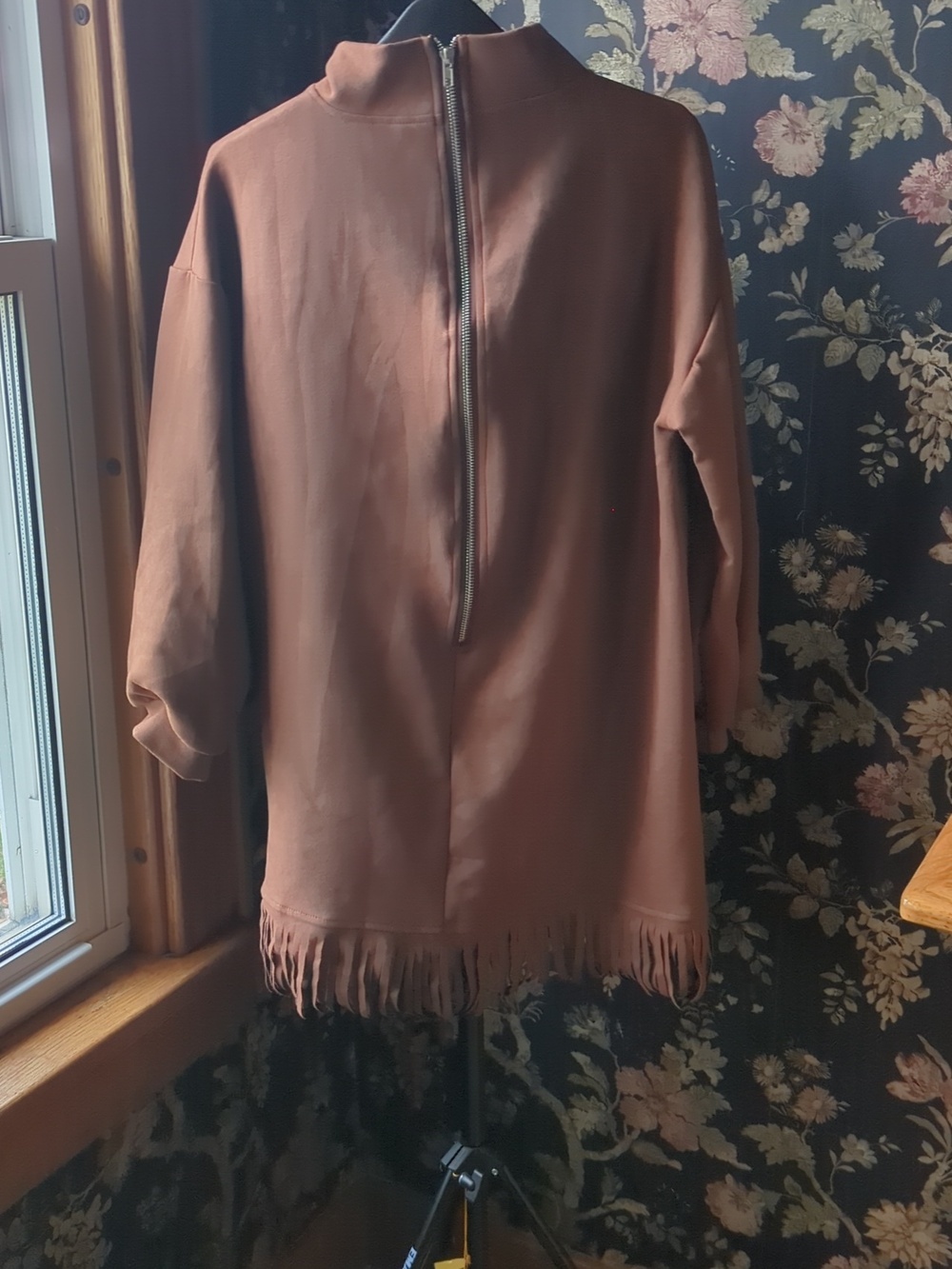 Fringed Mock Neck Tunic Sweatshirt Dress Brown M - Picture 4 of 4
